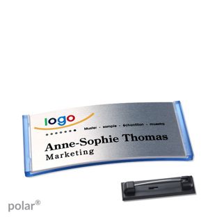 Namensschilder polar® alu-complete Nadel transluzent, blau | silber | 65 x 30 mm