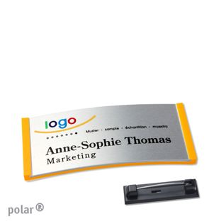 Namensschilder polar® alu-complete Nadel gelb | silber | 65 x 30 mm