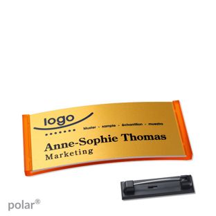 Namensschilder polar® alu-complete Nadel transluzent, orange | gold | 65 x 30 mm