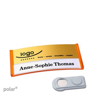 Namensschilder polar® alu-print Magnet smag® Magnet | transluzent, orange | gold | 65 x 30 mm