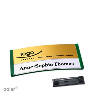 Namensschilder polar® alu-print Nadel grün | gold | 65 x 30 mm