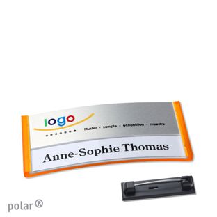 Namensschilder polar® alu-print Nadel transluzent, orange | silber | 65 x 30 mm