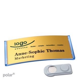 Namensschilder polar® alu-complete magnet smag® Magnet | transluzent, blau | gold | 74 x 34 mm