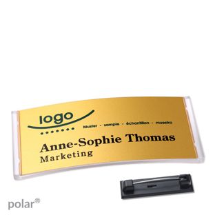 Namensschilder polar® alu-complete Nadel transparent | gold | 74 x 34 mm