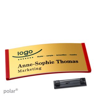 Namensschilder polar® alu-complete Nadel rot | gold | 74 x 34 mm