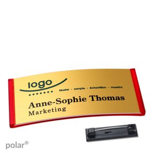 Namensschilder polar® alu-complete Nadel transluzent, rot | gold | 74 x 34 mm
