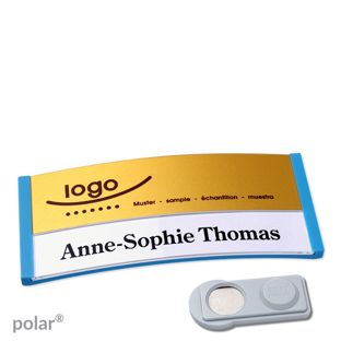 Namensschilder polar® alu-print Magnet smag® Magnet | mittelblau | gold | 74 x 34 mm