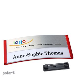 Namensschilder polar® alu-print Nadel transluzent, rot | silber | 74 x 34 mm