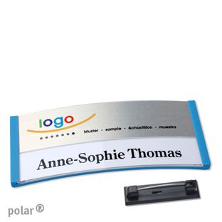 Namensschilder polar® alu-print Nadel mittelblau | silber | 74 x 34 mm
