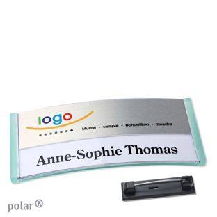 Namensschilder polar® alu-print Nadel transluzent, grün | silber | 74 x 34 mm