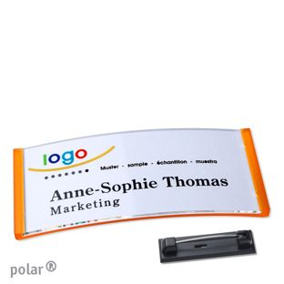 Namensschilder polar® quick-print Nadel transluzent, orange | 74 x 34 mm