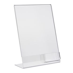 L-Aufsteller mit Extrafach PREMIUM, Acryl Hochformat | A4 + 56 x 88 mm