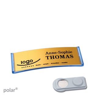 Namensschilder polar® alu-complete magnet 64 x 22 mm  | transluzent|blau  | gold  | smag® Magnet 