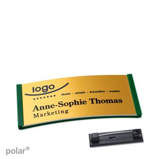 Namensschilder polar® alu-complete Nadel 65 x 30 mm  | grün  | gold 
