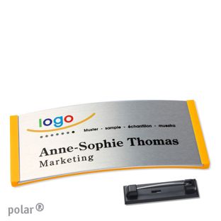 Namensschilder polar® alu-complete Nadel 74 x 34 mm  | gelb  | silber 
