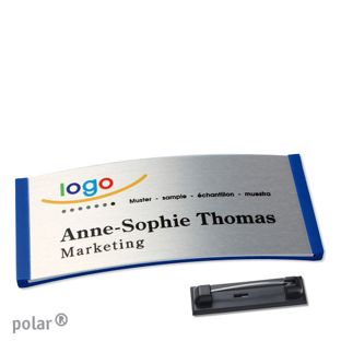 Namensschilder polar® alu-complete Nadel 74 x 34 mm  | blau  | silber 
