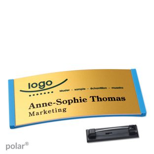 Namensschilder polar® alu-complete Nadel 74 x 34 mm  | mittelblau  | gold 