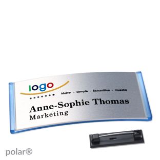 Namensschilder polar® alu-complete Nadel 74 x 34 mm  | transluzent|blau  | silber 