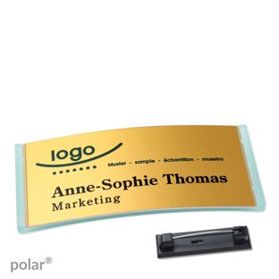 Namensschilder polar® alu-complete Nadel 74 x 34 mm  | transluzent|grün  | gold 