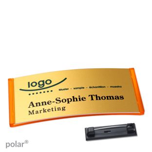 Namensschilder polar® alu-complete Nadel 74 x 34 mm  | transluzent|orange  | gold 