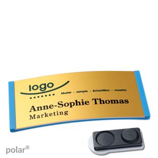 Namensschilder polar® alu-complete magnet 74 x 34 mm  | mittelblau  | gold  | smag® Magnet, extra stark 