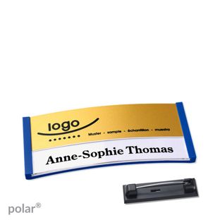 Namensschilder polar® alu-print Nadel 65 x 30 mm  | blau  | gold 