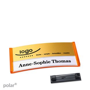 Namensschilder polar® alu-print Nadel 65 x 30 mm  | transluzent|orange  | gold 