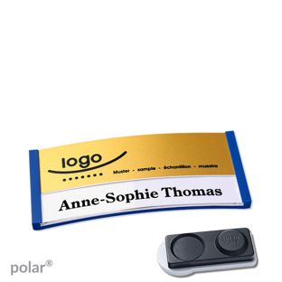 Namensschilder polar® alu-print Magnet 65 x 30 mm  | blau  | gold  | smag® Magnet, extra stark 