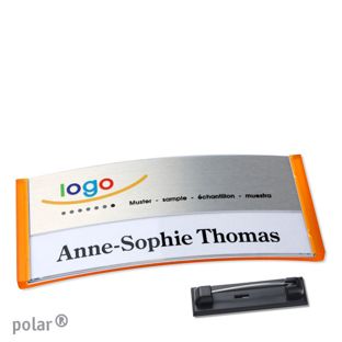 Namensschilder polar® alu-print Nadel 74 x 34 mm  | transluzent|orange  | silber 