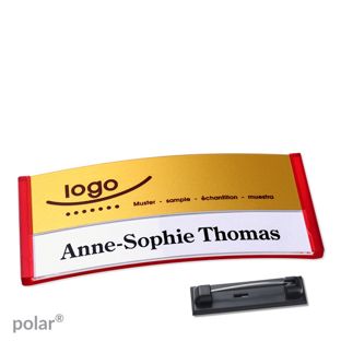 Namensschilder polar® alu-print Nadel 74 x 34 mm  | transluzent|rot  | gold 