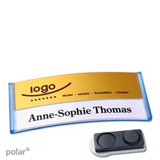 Namensschilder polar® alu-print Magnet 74 x 34 mm  | transluzent|blau  | gold  | smag® Magnet, extra stark 