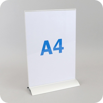 Tischaufsteller mit Aluminiumfuß, A4, Hochformat, Acryl 