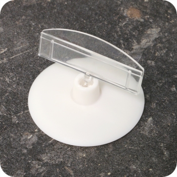 Sign-Clip mit Teller (ø 55 mm) und Preishalter (50 mm), selbstklebend, Höhe 45 mm 