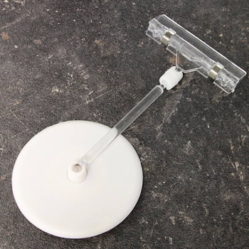 Sign-Clip mit Teller (ø 90 mm) und Preishalter (80 mm), selbstklebend, Höhe 150 mm 