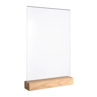 Tischaufsteller MODUL, Acrylglastasche mit Holzsockel Holzsockel mit geradem Einsteckschlitz | Eiche | A4