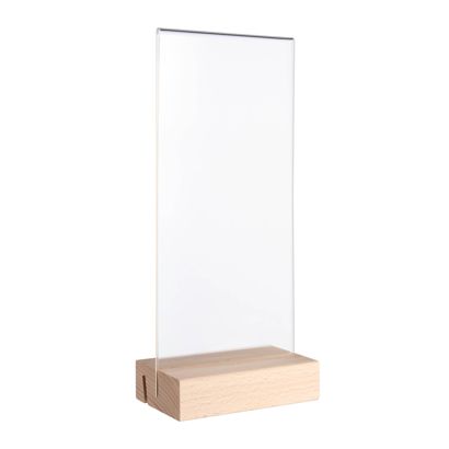 Tischaufsteller MODUL, Acrylglastasche mit Holzsockel Holzsockel mit geradem und schrägem Einsteckschlitz | Buche | 1/3 A4