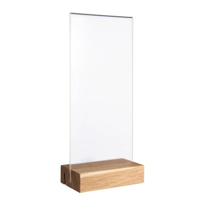 Tischaufsteller MODUL, Acrylglastasche mit Holzsockel Holzsockel mit geradem und schrägem Einsteckschlitz | Eiche | 1/3 A4