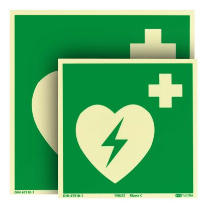 Rettungszeichen Defibrillator langnachleuchtend, Kunststoff, ISO 7010 