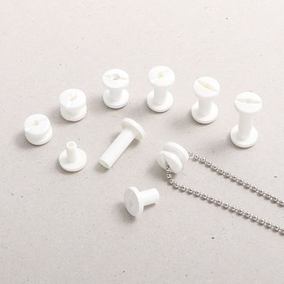 Kollektionsschrauben, Buchschrauben Kunststoff mit Loch weiß | 5 mm