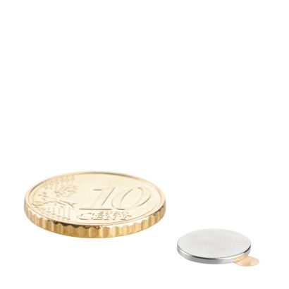 Scheibenmagnete aus Neodym, selbstklebend, Klebefläche am Südpol, 10 mm x 1  mm, N35 