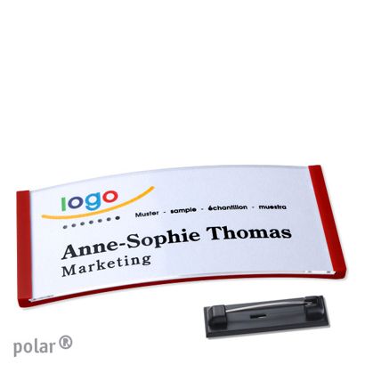 Namensschild mit Nadel polar® rot | 74 x 34 mm