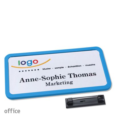 Namensschild mit Nadel OFFICE mittelblau | 75 x 37 mm