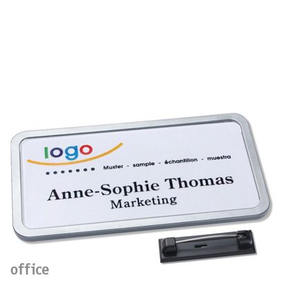Namensschild mit Nadel OFFICE edelstahl | 75 x 37 mm