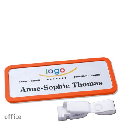 Namensschild mit Clip office Hängerclip metallfrei | orange | 75 x 27 mm