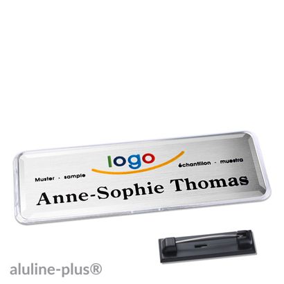 Namensschild mit Nadel aluline-plus® silber | 76 x 25 mm