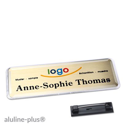 Namensschild mit Nadel aluline-plus® gold | 76 x 25 mm