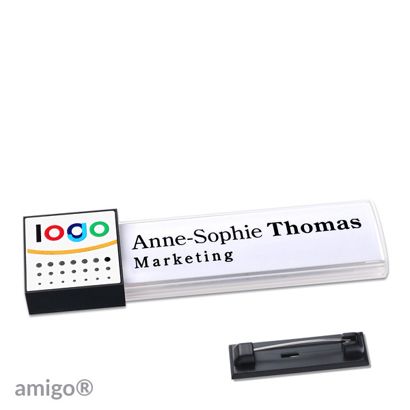 Namensschilder amigo® alu-print Magnet square | Edelstahl-Rastnadel | weiß | weiß | anthrazit