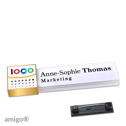 Namensschilder amigo® alu-print Magnet square | Edelstahl-Rastnadel | weiß | weiß | gold
