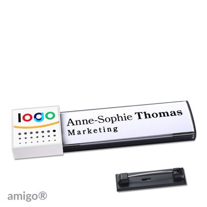 Namensschilder amigo® alu-print Magnet square | Edelstahl-Rastnadel | anthrazit | weiß | weiß