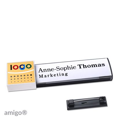 Namensschilder amigo® alu-print Magnet square | Edelstahl-Rastnadel | anthrazit | gold | weiß